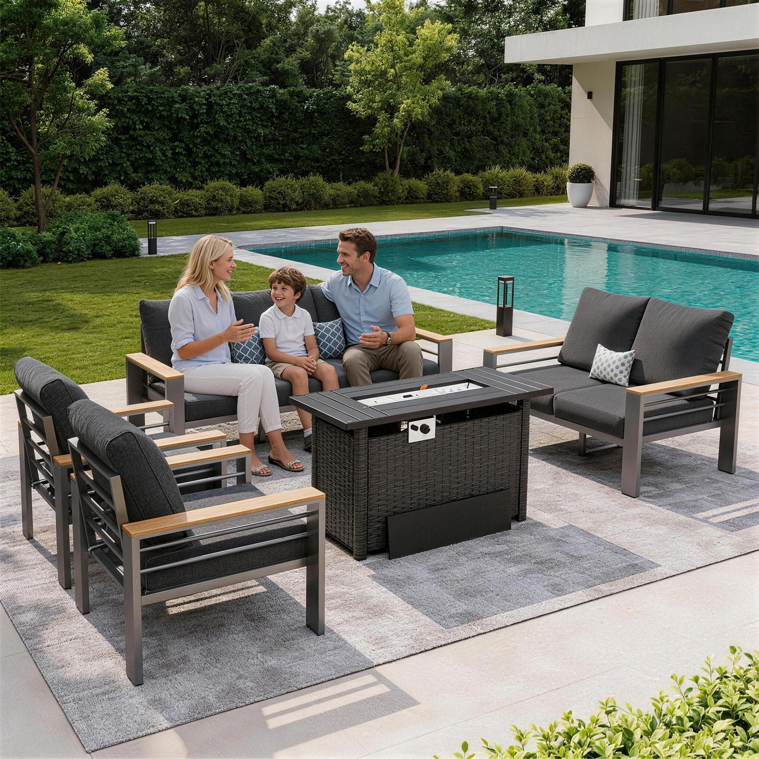 LazySunsets 5 Piece Aluminum Patio Furniture Set, 7-Seat Oversized Outdoor Sectional with Fire Pit Table, Dark Gray