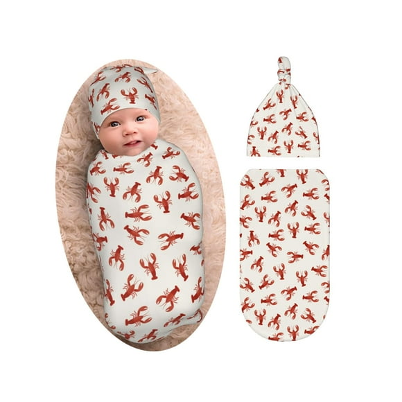 Red Lobsters Crawfish Baby Stuff Swaddle Blanket with Beanie Set Soft and Stretchy Newborn Blanket Swaddle Sack for Boy and Girl