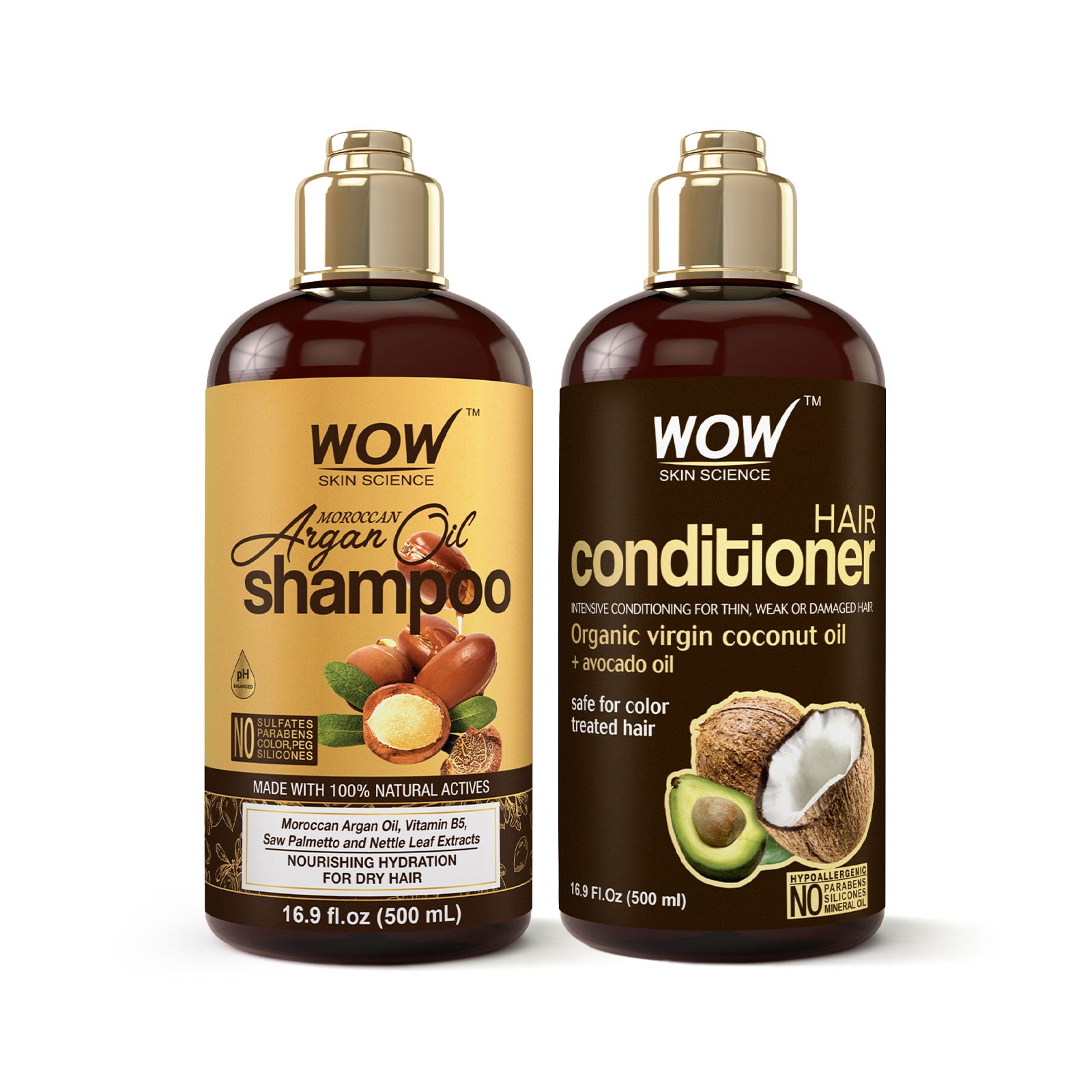 WOW Skin Science Moisturizing & Volumizing Daily Shampoo & Conditioner with Moroccan Argan & Avocado Oil, Full Size Set, 2 Piece