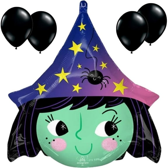 LoonBalloon 17" Cute Witch Foil Balloon with 4 Black Latex Balloons – Halloween Party Decoration
