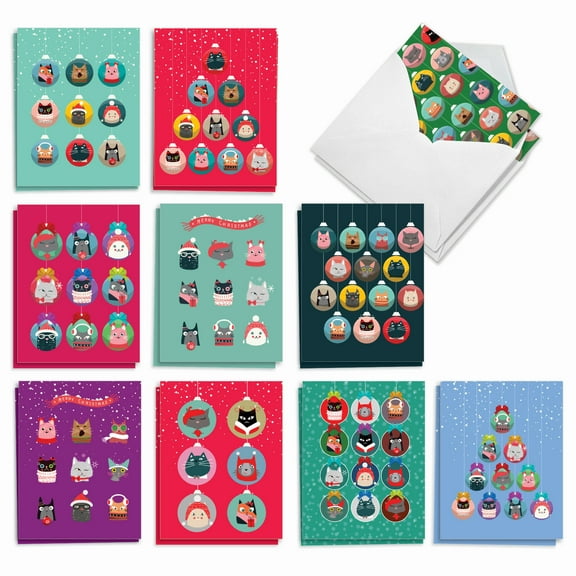 20 Merry Christmas Note Cards with Envelopes (4" x 5.12") - Cat Ornaments Merry Christmas (10 Designs, 2 Each) AM3491XSG-B2x10
