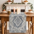 thumbnail image 2 of Boho Abstract Flowers Table Runner, Navy Blue Retro National Medieval Style Cotton Linen Kitchen Table Decoration Washable Dining Tabletop Runners for Home Party Decor 13x48 Inches, 2 of 9
