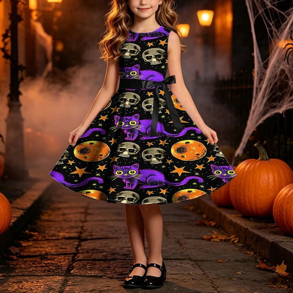 Girls' Halloween Zip Dress Spooky Tree Bat Print Sleeveless Round Neck Satin Bow Belt Flared Swing Skirt Kids Party Costume for Girls 4-14Y, Halloween Costumes for Girls Purple b 9 Years