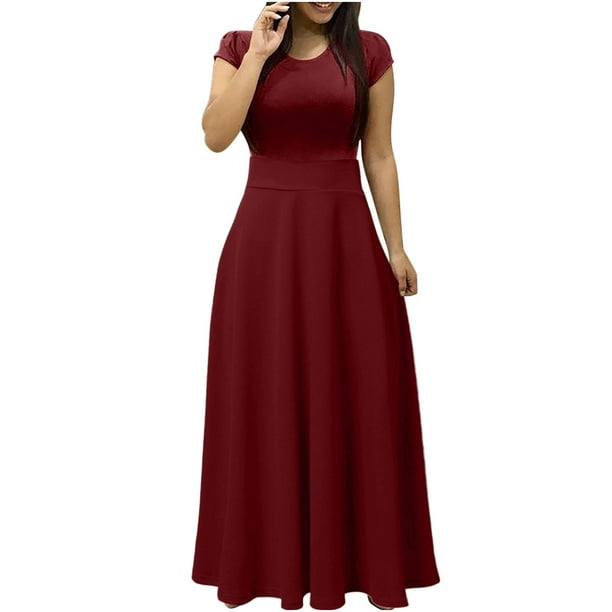 Puntoco Vestido Largo De Manga Corta Con Cuello Redondo Y Color Liso Para Mujer Borgona L Regalos Para Mujer Joven Bodega Aurrera en linea