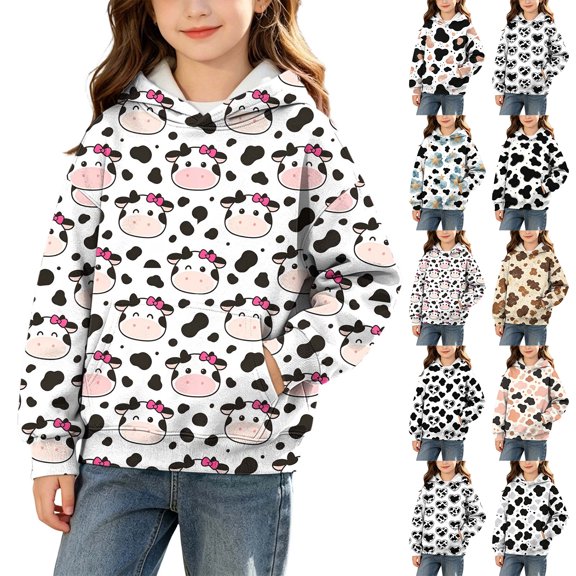 MexChoioe Cow Print Hoodie for Kids Long Sleeve Hooded Sweatshirt with Big Pocket Fall Winter Holiday Casual Pullover Hoodies for Boys and Girls