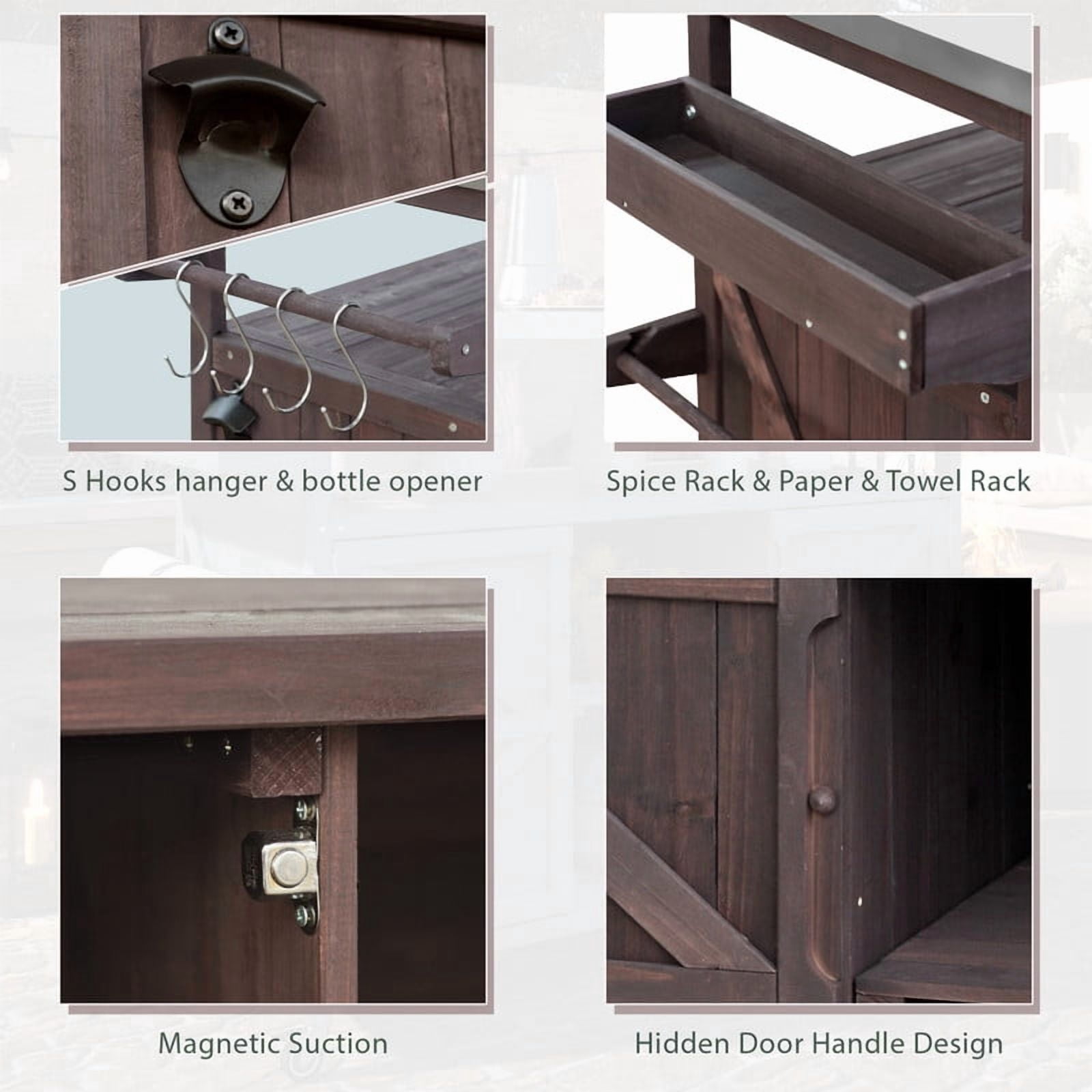 Outdoor Kitchen Island with Stainless Steel Top, Wood Grill Cart Storage Cabinet with Adjustable Shelf, Outdoor Grill Table with Spice Rack & Towel Rack