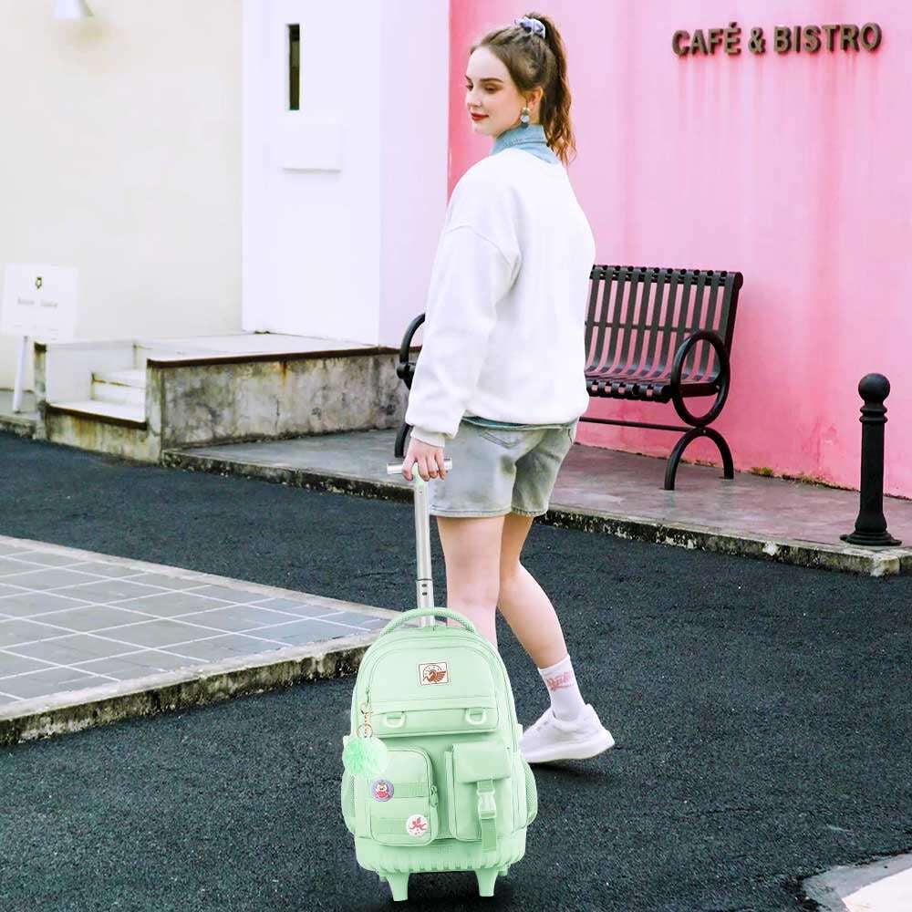 AGSDON Rolling Backpack for Girls Women, 21 inch Roller Wheels School Bookbag, Wheeled Suitcase Backpacks with Lunch Bag for Teen - Green