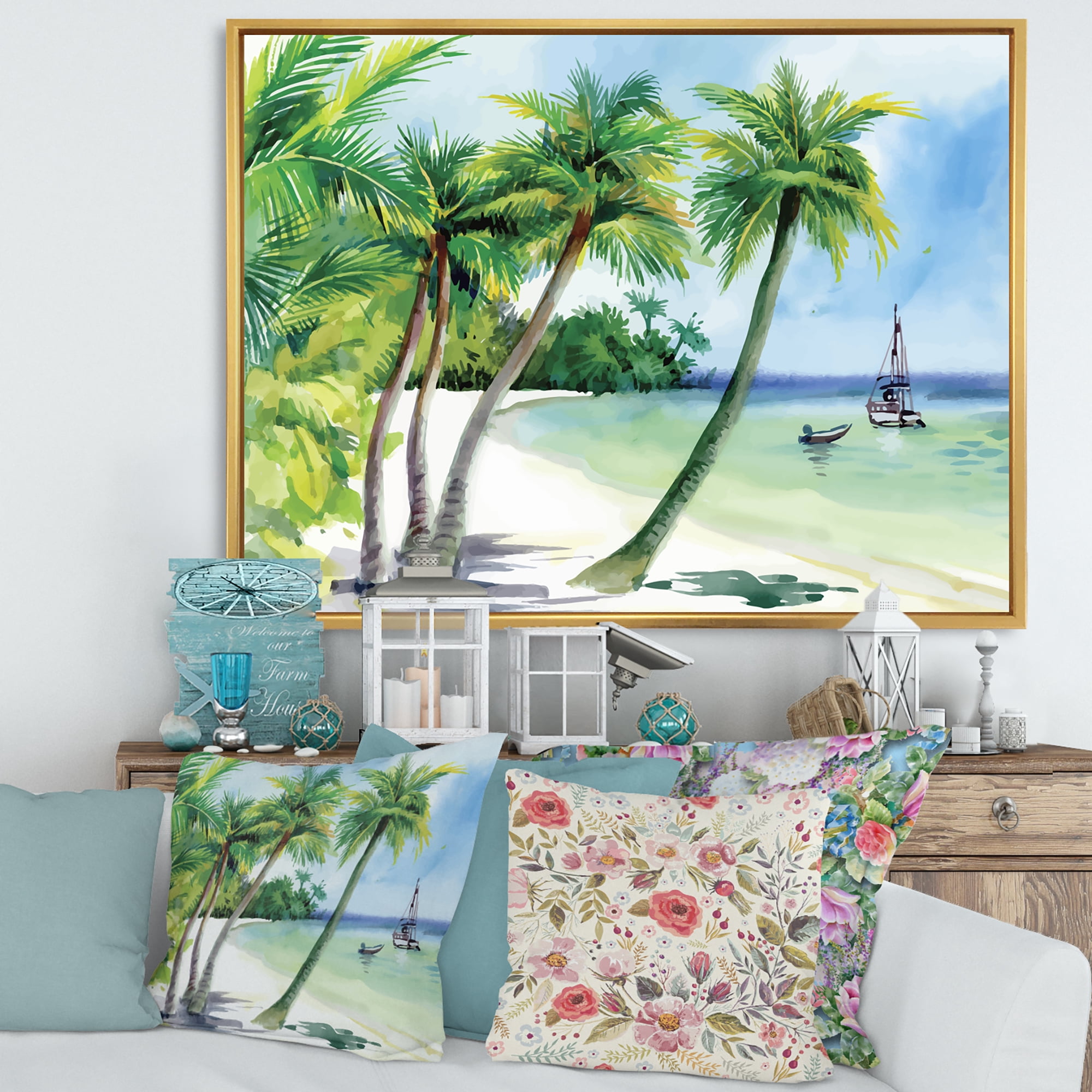 Palm Trees With Summer Beach 20 in x 12 in Framed Painting Canvas Art Print, by Designart