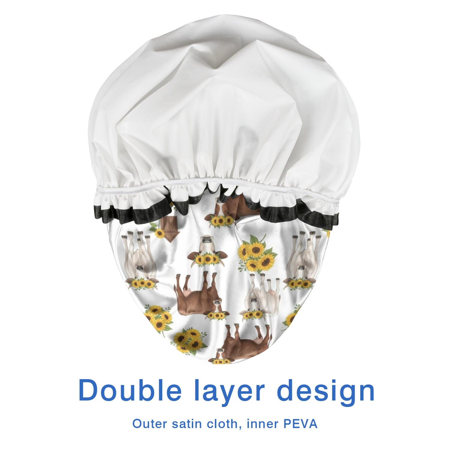Shower Caps,White Cow Sunflower Pattern Waterproof Shower Cap for Women 4 Pieces,Double Reusable Hair Cover for Shower PEVA Elastic Stretch Hem