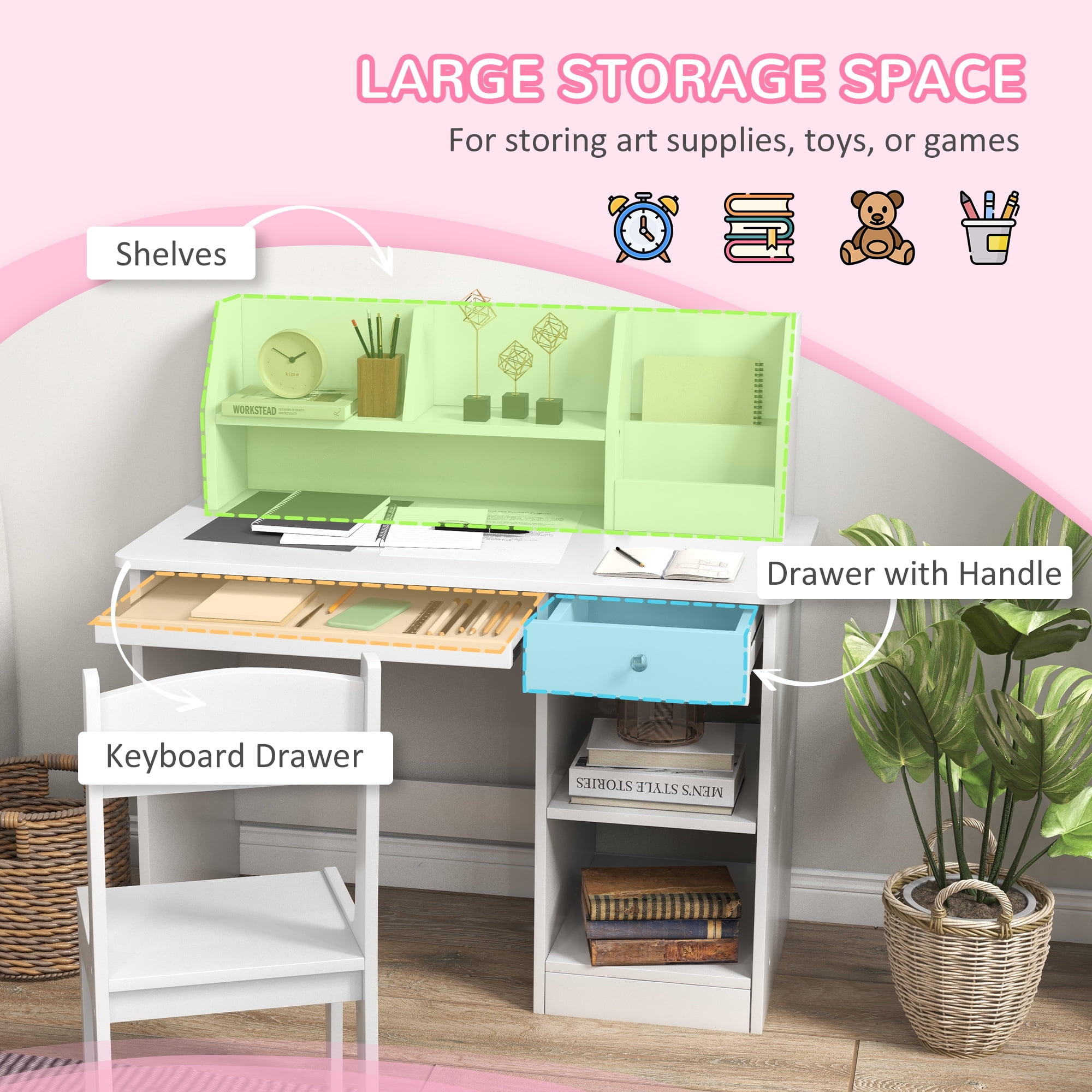 Qaba Kids Desk and Chair Set with Storage, Study Desk with Chair for Children 5-8 Years Old, White
