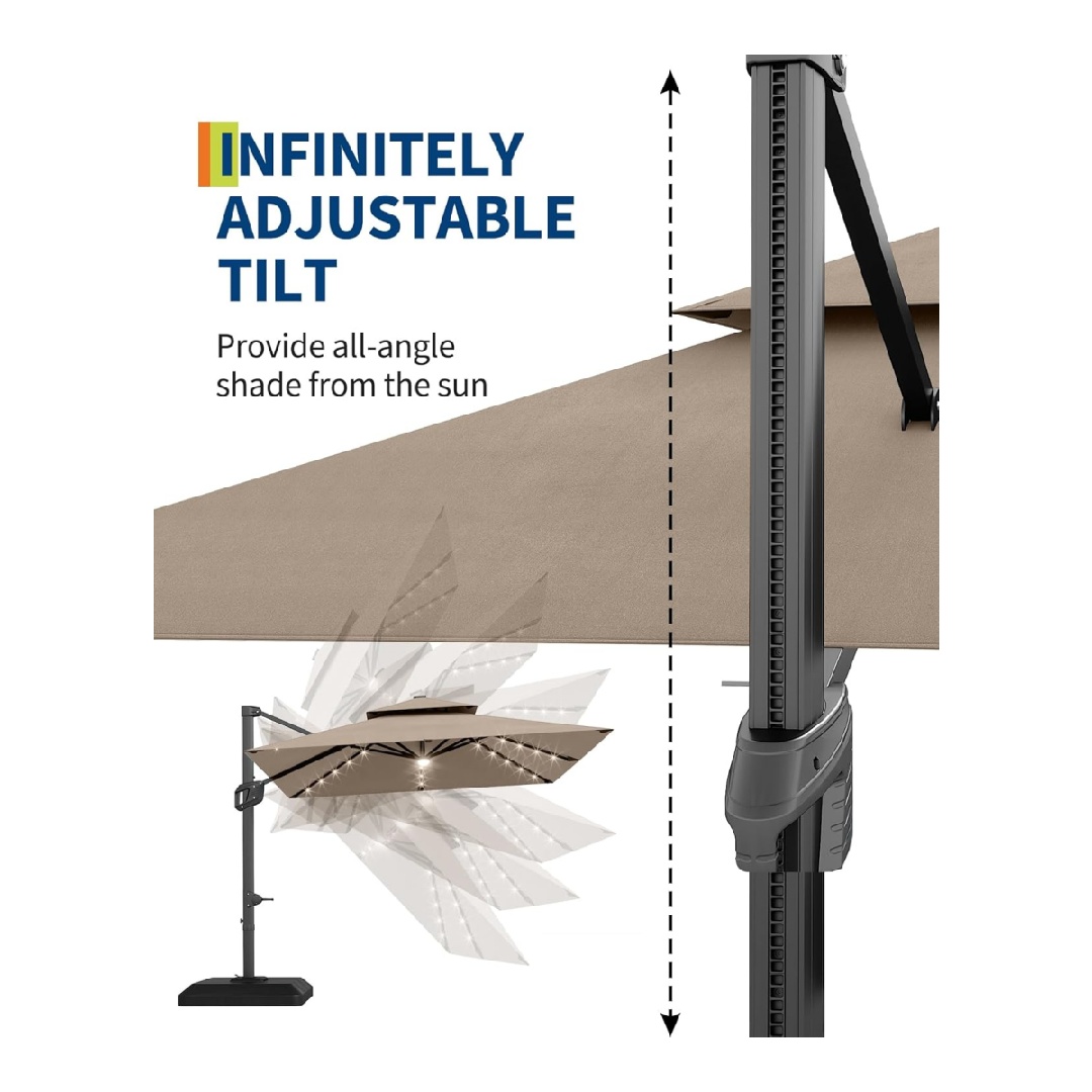 10' x 10' Heavy Duty Cantilever Patio Umbrella with LED Lights & Weighted Base, Square Aluminum Offset Umbrella 360-Degree Rotation for Outdoor Decor, Backyard, Deck, Pool