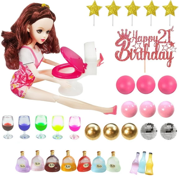 Mini Wine Bottles Cake Toppers With 9 Mini Wine Bottles 5 Mini Wine Glasses 1 Toilet Toy 1 Beauty Doll 21st Birthday Cake Topper for Celebrating Birthday 21st Girl Party