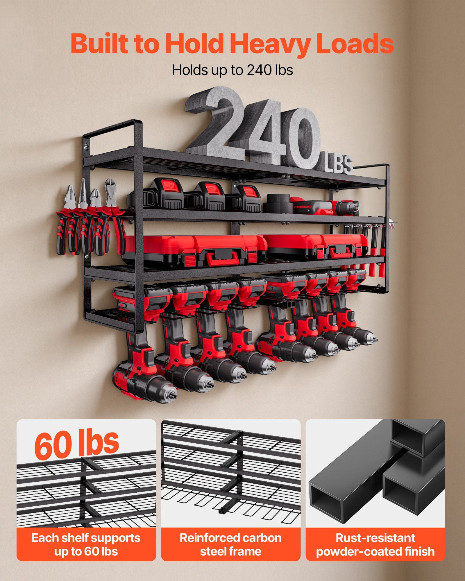 Wall Mount Power Tool Organizer 4 Layer Storage Rack with 8 Drill Holders and Screwdriver Holder for Garage Workbench Workshop