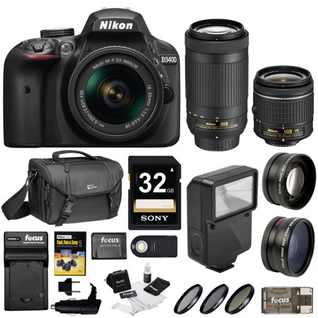 Nikon D3400 DSLR Camera w/ 18-55mm & 70-300mm Lens, Flash, Filters and 32GB Kit