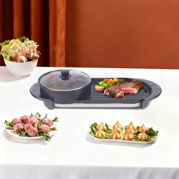 2 in 1 Portable Electric Hot Pot Grill, Multifunctional Teppanyaki Hot Pot Grill Barbecue Set Indoor Large Capacity Non-Stick Hot Pot Grill