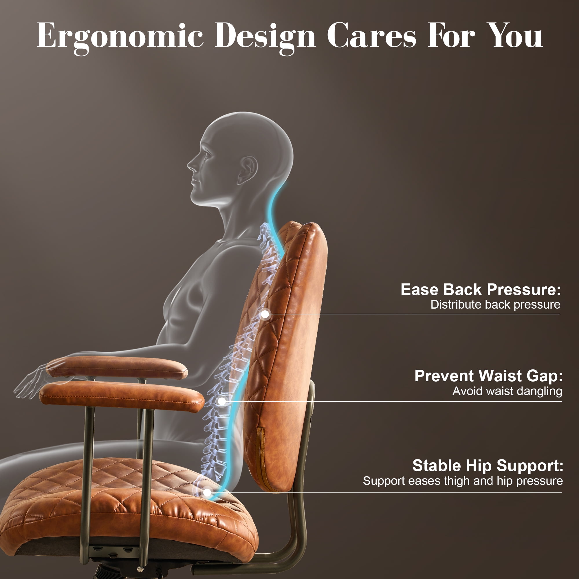 Toject Office Chair, Executive Desk Chair with Lumbar Support, Comfy Office Chair Adjustable Height Rolling Swivel Chair, Computer Chair Task Chair for Office Area, PU Leather, Brown