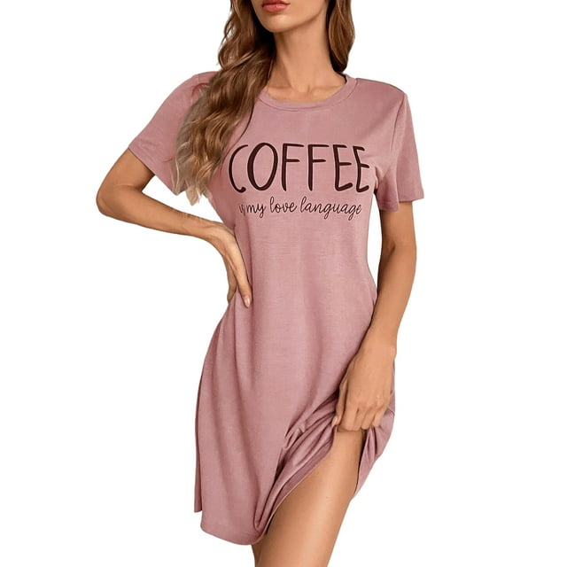 MAWCLOS Chemises de Nuit pour Femmes Col Ras du Cou Robe de Sommeil Manches Courtes Chemises de Nuit Longue T-shirt Nuisette Imprimé de Lettres Vêtement de Nuit Rose TG