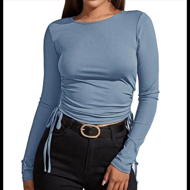 Camisa Corta de Cuello Redondo, Larga y Cordón Lateral para Mujer, Ajustada, Acanalada Gris XL