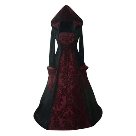 

Maternity Dress Medieval Dress Women s Retro Literary Print Place Dress Long Sleeve Lace Waist Hooded Big Swing Dress Long Sleeve Dress for Women White Dress Women New Arrival Red M