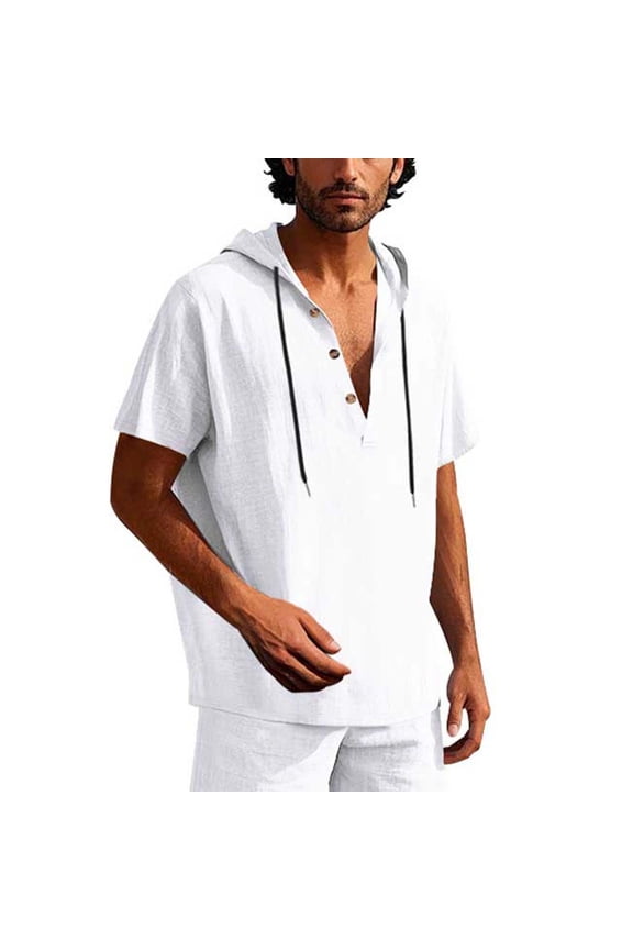 Men's Linen Hoodie Pullover Short Sleeve Drawstring Button Summer Casual Tops Baggy Streetwear Father's Gift