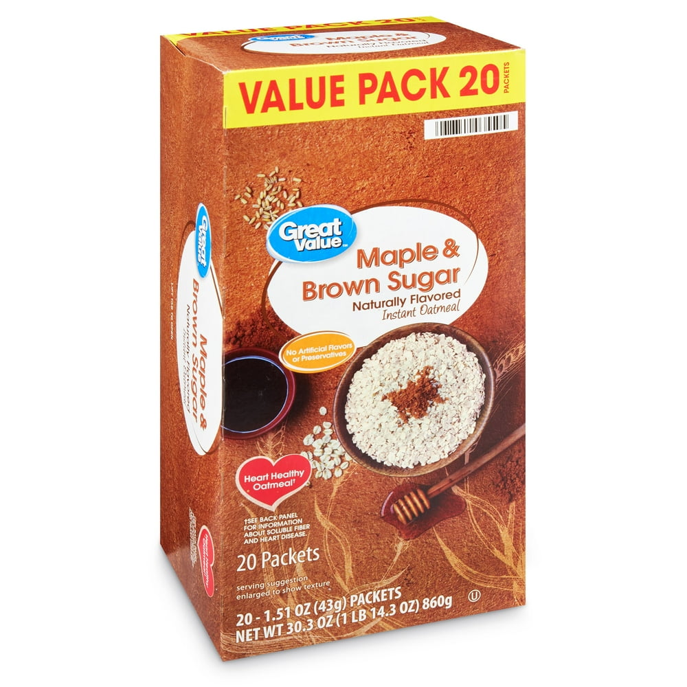 Great Value Instant Oatmeal, Maple & Brown Sugar Value Pack, 20 Packets