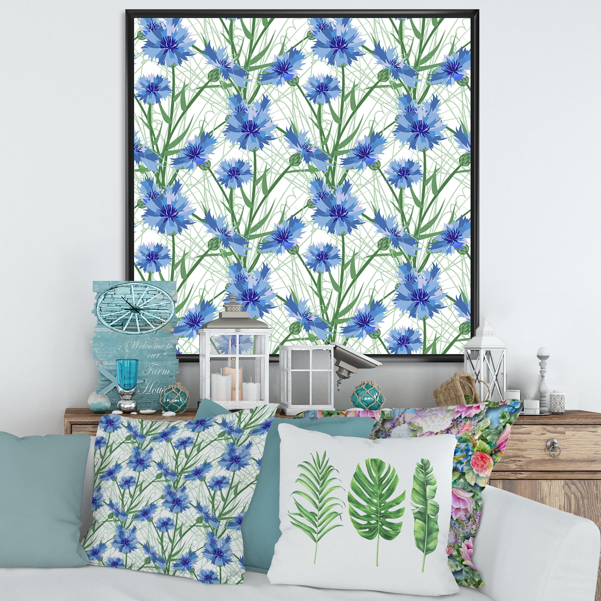 Designart 'Blue Cornflowers With Green Leaves On White I' Traditional Framed Canvas Wall Art Print