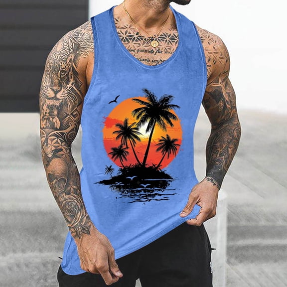 Gifts for Men! Titcea Tank Tops Men Palm Tree Printed Round Neck Sleeveless Summer Casual T Shirts Outdoor Workout Running Training Loose Comfort Tank Top
