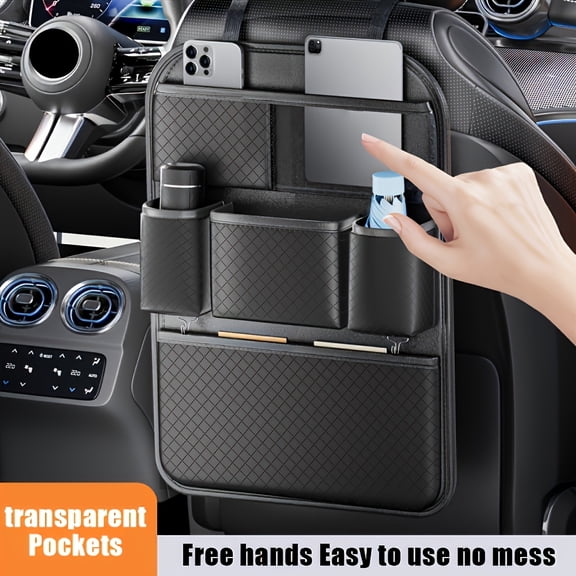 1pc/2pcs Heavy-Duty PU Leather Car Backseat Organizer -Foldable Table Tray, Multi-Pocket with Cup/Tablet Holders, Safety Belt Passage, Easy Headrest Strap Installation,Fits All Cars, Ideal for Family