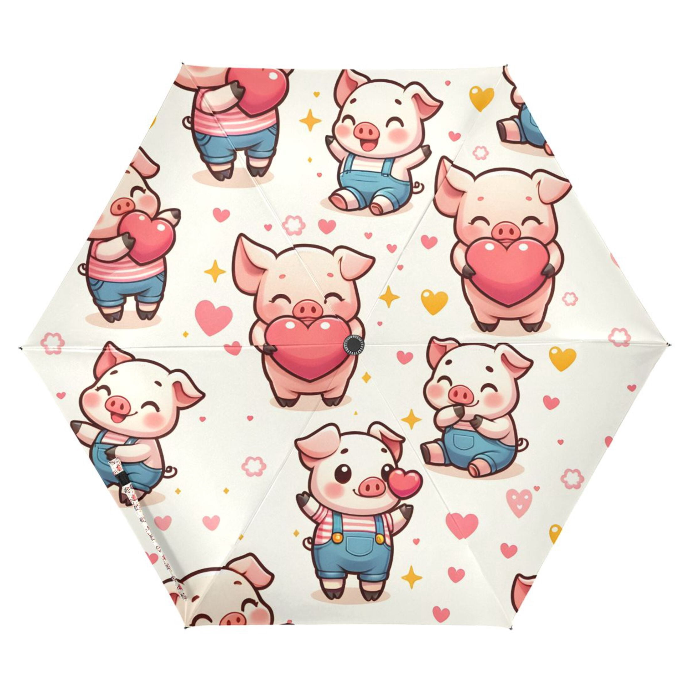 Cute Pig with Heart Compact Sun Umbrella Windproof Travel Umbrellas for Rain Strong Portable UV Protection