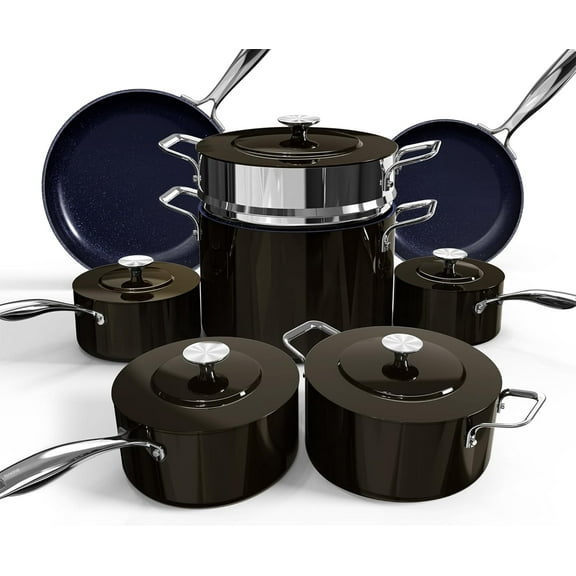 Nuwave Lux Pots and Pans Set Ultra Nonstick, Healthy G10 Duralon Ceramic Coating 13pc Forged Lightweight Cookware Set, Stay-Cool Handles, Works on All Cooktops & Oven, Black Coffee
