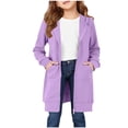 thumbnail image 6 of lnmuld Kids Solid Plush Lined Long Hooded Jacket Full Zip Kangaroo Pocket Casual Warm Outerwear for Toddler Boys Girls Purple,11-12 Years, 6 of 7