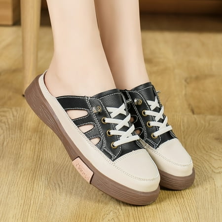 

Women s slip-on mules-breathable hollow design non-slip flat sole fashionable closed toe for all seasons