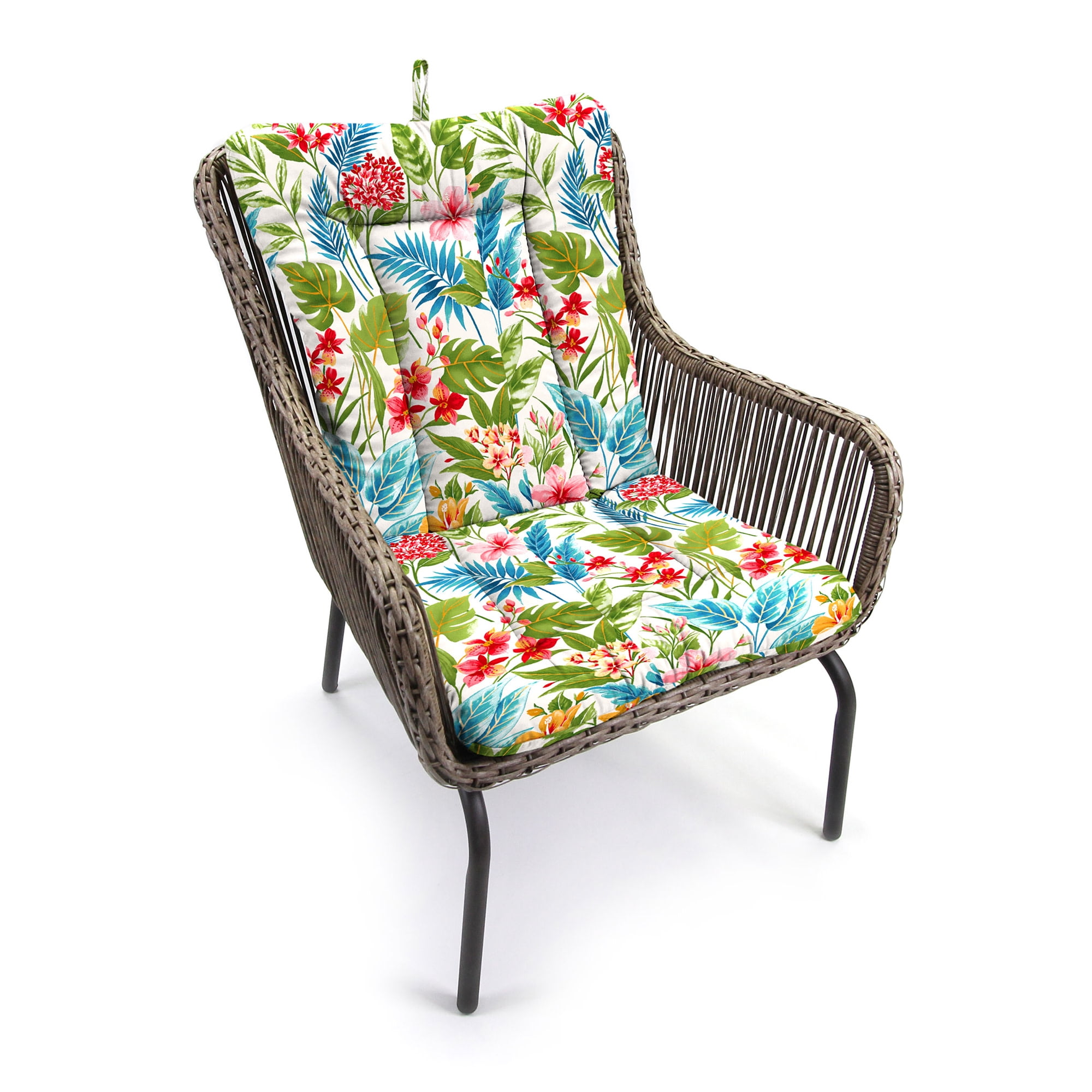 Jordan Manufacturing 38" x 21" Carena Multi White Floral Rectangular Outdoor Wrought Iron Chair Cushion with Ties and Hanger Loop (2 Pack)