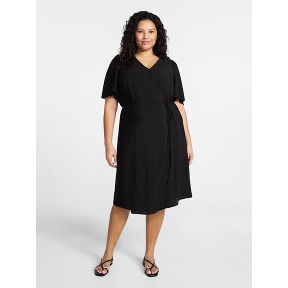 Terra & Sky Women's Plus Size Midi Wrap Dress with Elbow Sleeves, Sizes 0X-5X