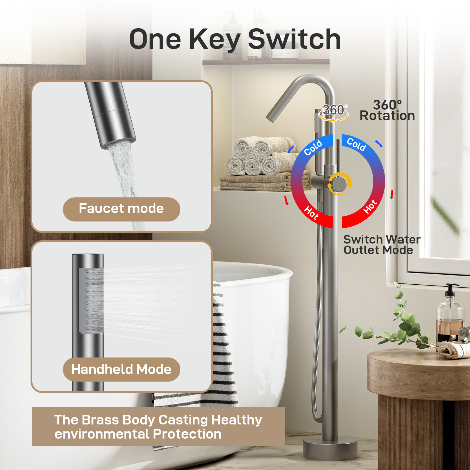 Freestanding Floor Tub Filler Standing High Flow Shower Faucets, Shower Mixer Taps, Swivel Gooseneck Spout with Cylinder Handheld Mount Bathtub Faucet, Brushed Nickel