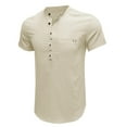 thumbnail image 5 of Summer Plus Size Tops for Men Fashion Cotton Linen Solid Color Casual Button Round Neck Pockets Short Sleeve T-shirt Top, 5 of 7