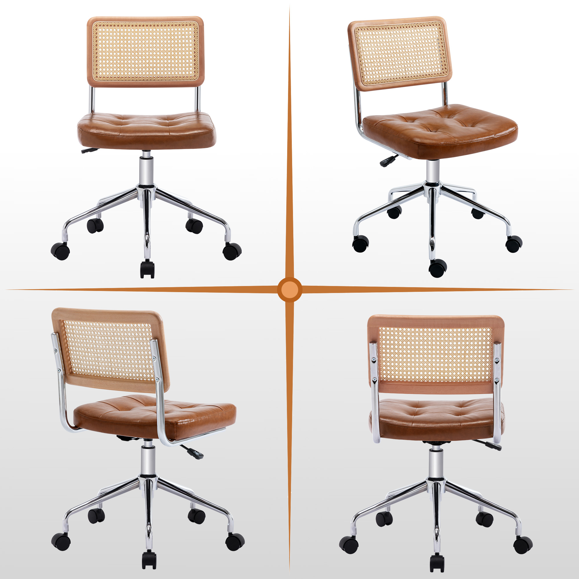 ONEVOG Tufted Leather Desk Chair, Swivel Home Office Chair with Rattan Back, Upholstered Armless Vanity Chair, Adjustable Height Computer Task Chair, Brown