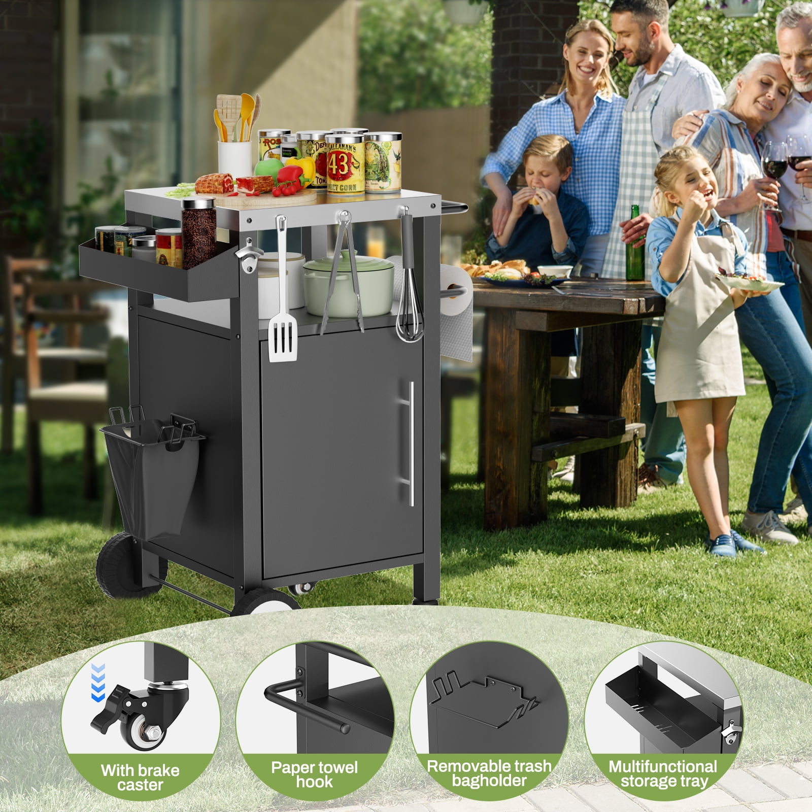 Rolling Outdoor BBQ Grill Cart with Stainless Steel Top, Storage Cabinet, Spice Rack Hooks Lockable Wheels, Patio Bar Prep Table for Backyard Grilling Accessories Storage