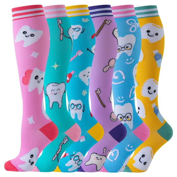6 Pairs Dentist Dental Printed Compression Socks Knee High Leg Supports Socks for Fitness, Running, Cycling, Exercise, Yoga