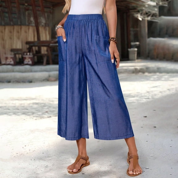 Womens Linen Flowy Capris Wide Leg Culottes Elastic Waist Summer Casual Boho Cropped Pants Dark Blue XXL