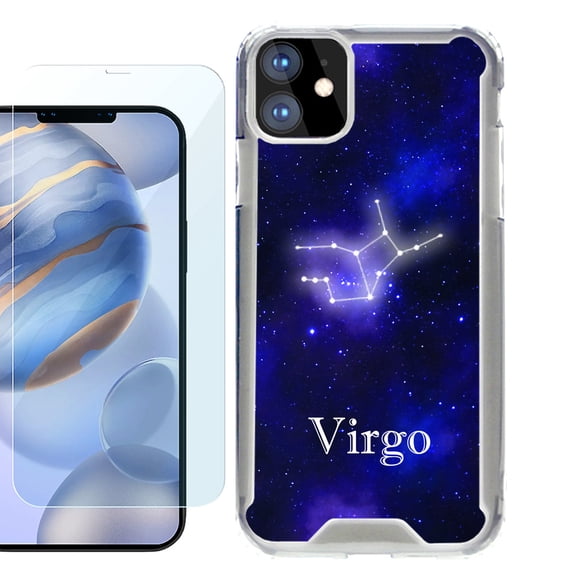 For Apple iPhone 12 Case, iPhone 12 Pro Case, Hybrid Bumper Phone case, with Tempered Glass Screen Protector, by OneToughShield ® - Zodiac / Virgo