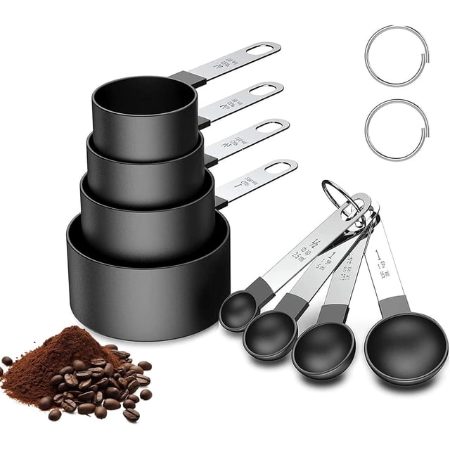 8 pzs Juego de Cucharas Medidoras,Tazas y Cucharas Medidoras de Acero Inoxidable,Mangos Apilables de Acero Inoxidable para Cocinar,Hornear,Dosificar,Medir Líquidos,Negro