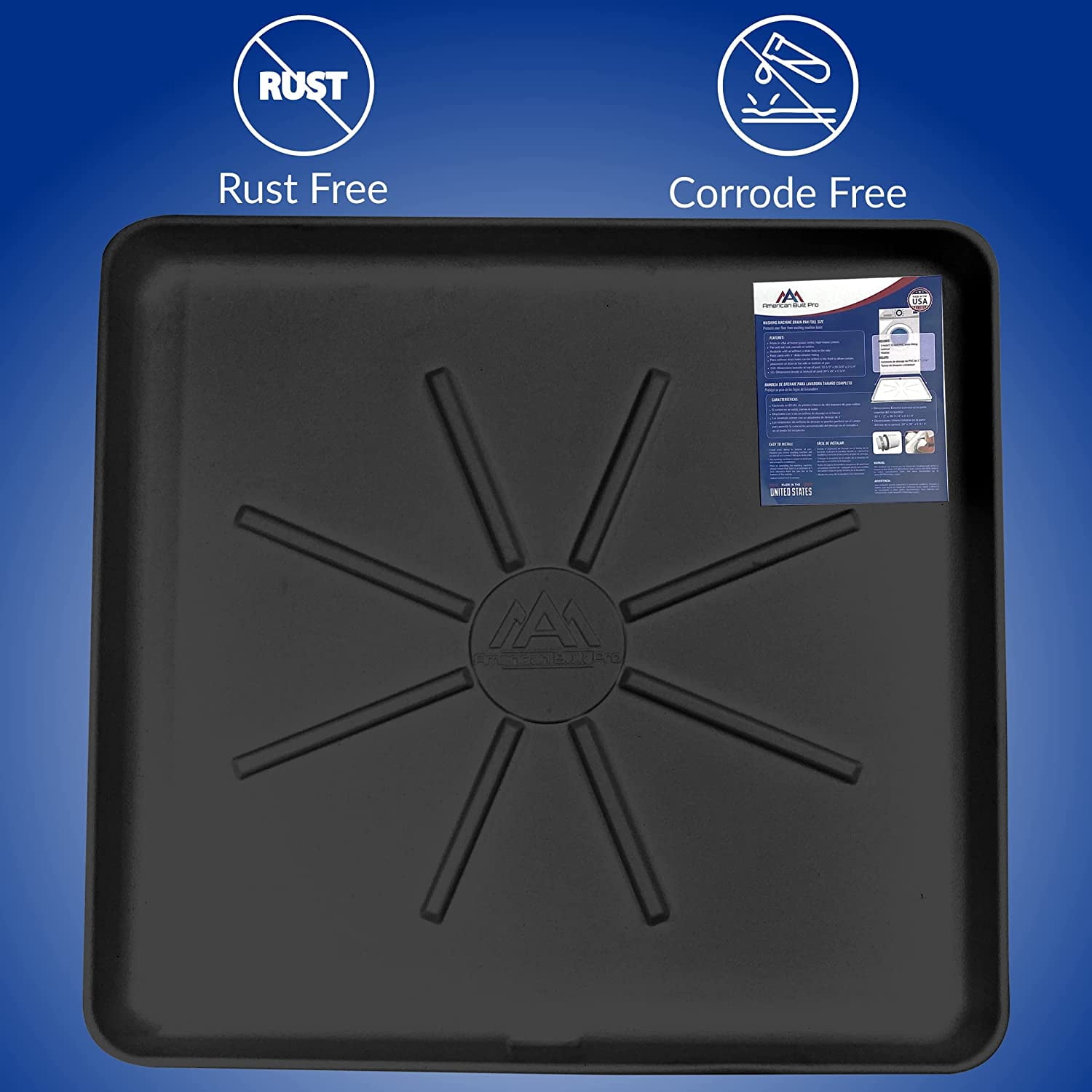 American Built Pro Washing Machine Pan Undrilled Anti Flood Pan Comes With 1" Drain Adapter Fitting Black Color Drain Pan Made of Recycled Plastic Protects Floor From Water Damages - Pack of 1