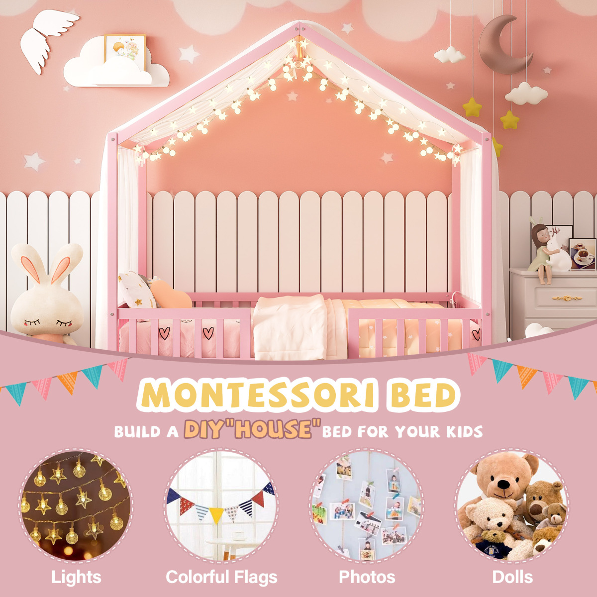 Full Size Montessori Floor Bed with Canopy, Wooden House Shape Bed with High Railings and Roof, Floor Bed Frame with Reinforced Slats Support, No Box Spring Needed, House Beds for Kids, Girls, Pink