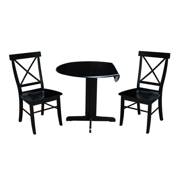 36 inch Dual Drop Leaf Dining Table with Two X-back Chairs in Black