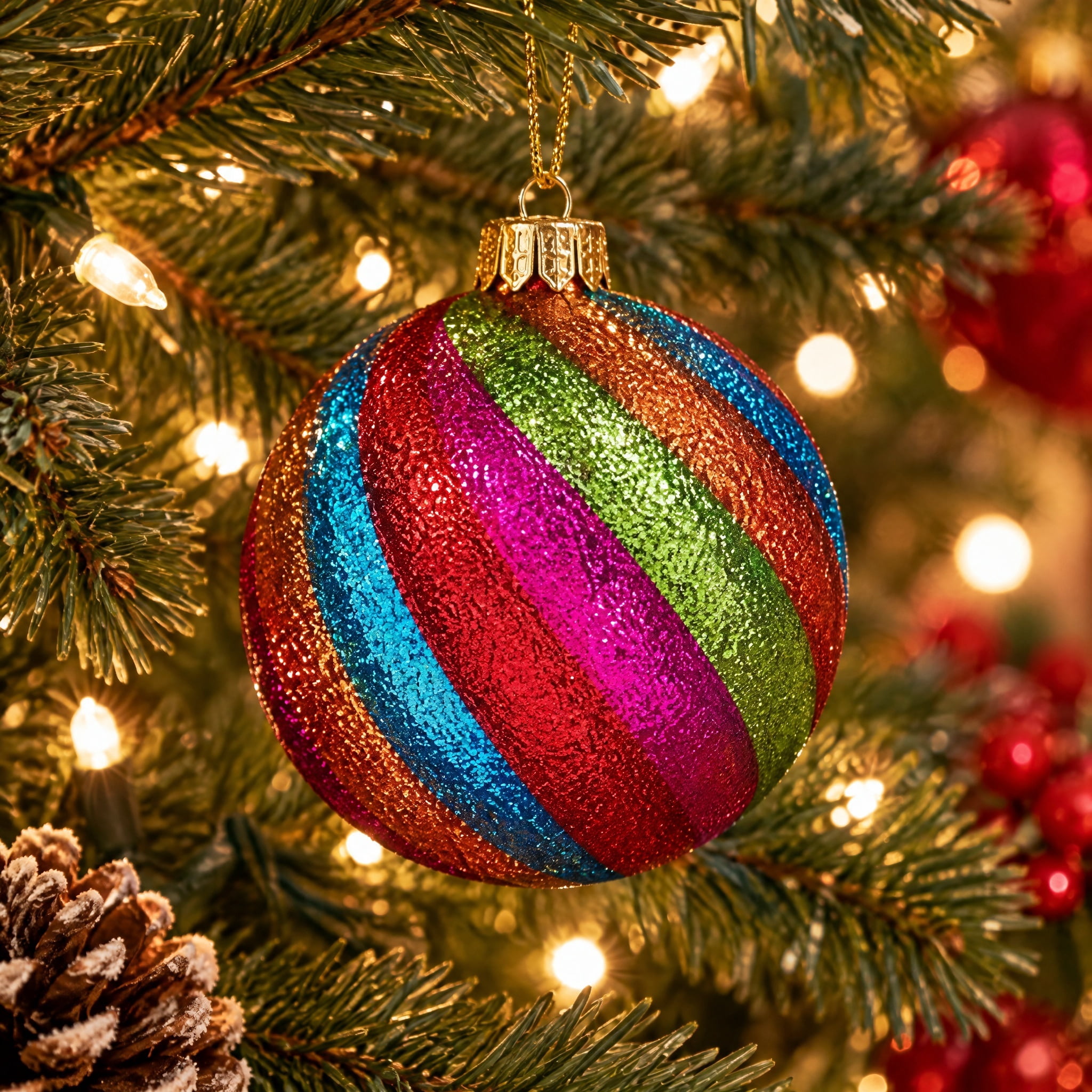 4-Count Multicolor Glitter Stripe Ball Christmas Ornaments, 3.9", by Holiday Time