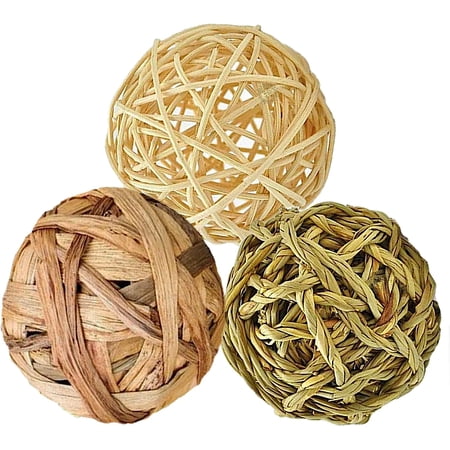 3 Pack Rabbit Chew Ball, Assorted Grass Teething Toy for Small Pocket Pet, Dental Wear Support, Boredom Relief Activity, Safe Woven Treat Enrichment for Bunny Guinea Pig Hamster Rat