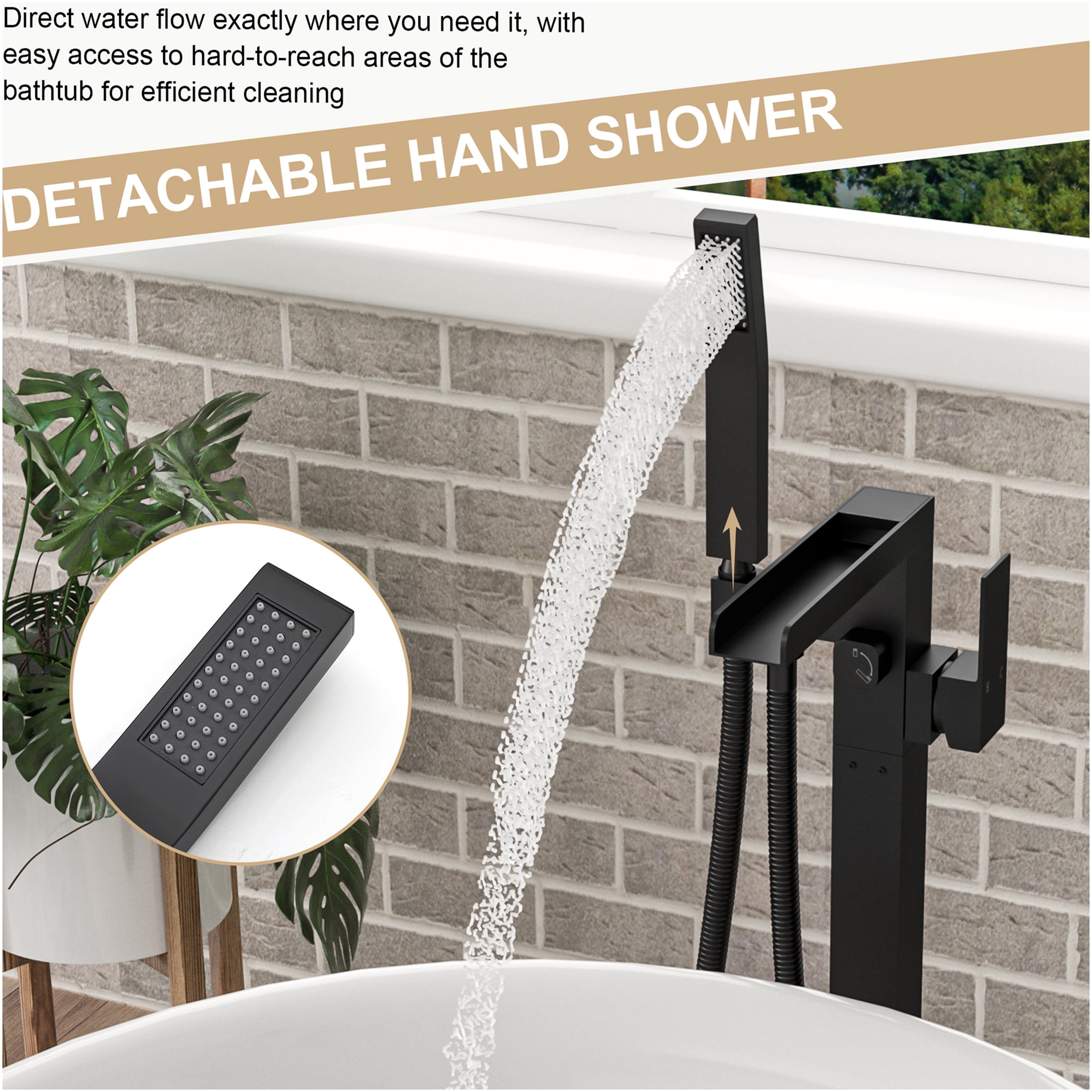 JERFIT Floor Mounted Tub Filler with Hand Shower, 360° Rotatable Matte Black Waterfall Spout, Solid Brass Freestanding Bathtub Faucet for Modern Bathroom