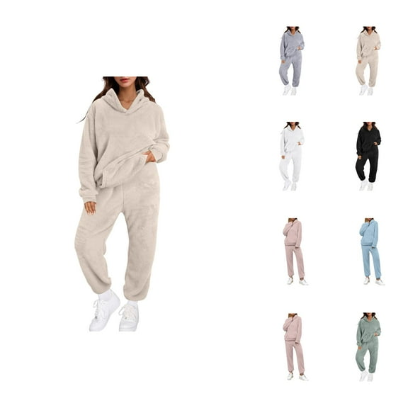 Fuzzy Track Suits for Women Set Fall Winter Hoodie and Jogger Sweatpants 2 Piece Matching Sweatsuit Lounge Set