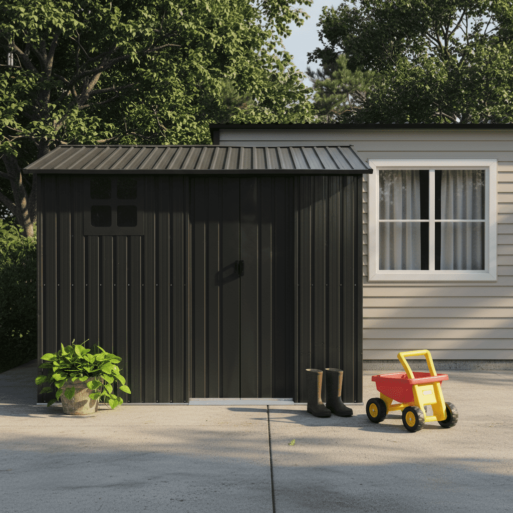 Mintazer 8×6ft Metal Outdoor Storage Shed with Lockable Sliding Doors & Window, Weatherproof Garden Tool Shed, Black